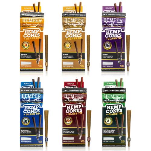 Hemper - Hemp Pre-Rolled Cones with Glass Tips King Size (2pk) - 12PK Display