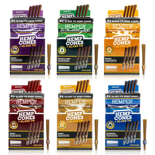 Hemper - Hemp Pre-Rolled Cones with Glass Tips Mini Size (4pk) - 12PK Display