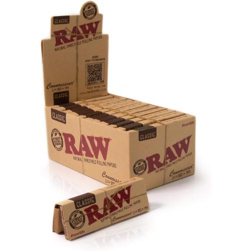 RAW Rolling Papers - Connoisseur 1 1/4 Size + Tips - 24 Pack