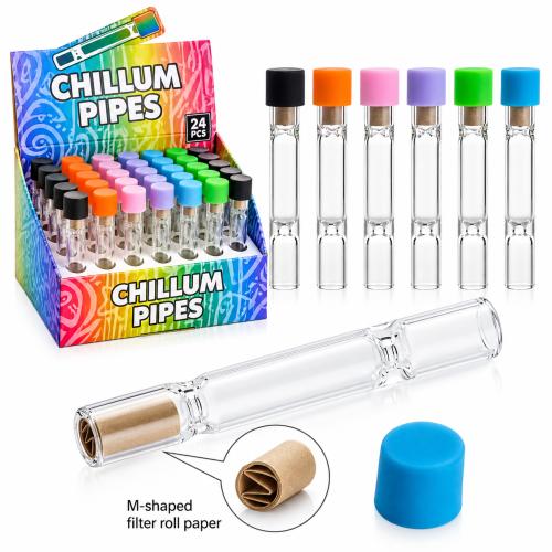 Chillum Pipes 90mm Length with Silicone Lid - 30PK Display (CCH045)-Assorted